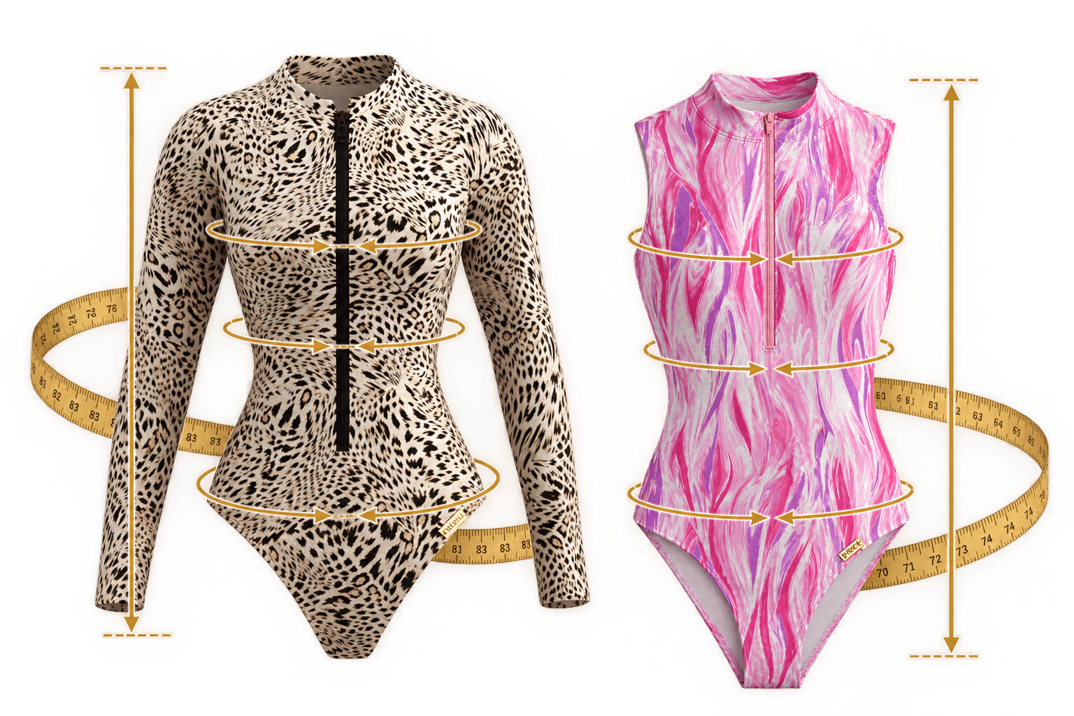 Dos trajes de baño con flechas que señalan las medidas de torso y cintura